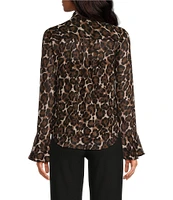 Trina Turk Alora Crinkle Georgette Leopard Print V-Neck Long Bell Sleeve Top