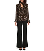 Trina Turk Alora Crinkle Georgette Leopard Print V-Neck Long Bell Sleeve Top