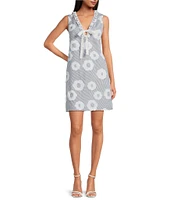 Trina Turk Amala Cassis Cotton Floral Print Ruffle V-Neck Sleeveless Bow Dress