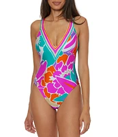 Trina Turk Amalfi Floral Border Print Plunge One Piece Swimsuit