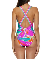 Trina Turk Amalfi Floral Border Print Plunge One Piece Swimsuit