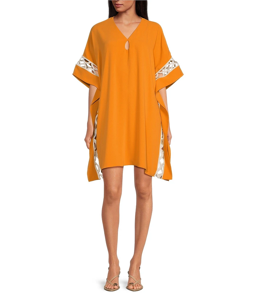 Trina Turk Amoreaux Double Georgette V-Neck Keyhole Elbow Sleeve Caftan Dress