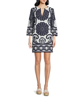 Trina Turk Amy Clip Jacquard Border Print Split V-Neck 3/4 Sleeve Dress