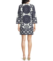 Trina Turk Amy Clip Jacquard Border Print Split V-Neck 3/4 Sleeve Dress