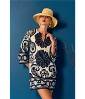Trina Turk Amy Clip Jacquard Border Print Split V-Neck 3/4 Sleeve Dress
