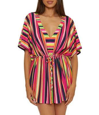 Trina Turk Anniversary Stripe V-Neck Cinched Drawcord Waist Tunic Swim Cover-Up