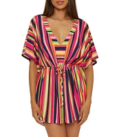 Trina Turk Anniversary Stripe V-Neck Cinched Drawcord Waist Tunic Swim Cover-Up