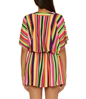 Trina Turk Anniversary Stripe V-Neck Cinched Drawcord Waist Tunic Swim Cover-Up