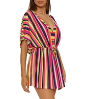 Trina Turk Anniversary Stripe V-Neck Cinched Drawcord Waist Tunic Swim Cover-Up