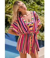 Trina Turk Anniversary Stripe V-Neck Cinched Drawcord Waist Tunic Swim Cover-Up