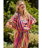 Trina Turk Anniversary Stripe V-Neck Cinched Drawcord Waist Tunic Swim Cover-Up