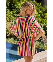 Trina Turk Anniversary Stripe V-Neck Cinched Drawcord Waist Tunic Swim Cover-Up