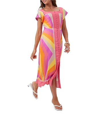 Trina Turk Apres Printed Square Neck Short Sleeve Button Front Midi Dress