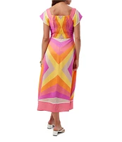Trina Turk Apres Printed Square Neck Short Sleeve Button Front Midi Dress