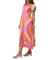 Trina Turk Apres Printed Square Neck Short Sleeve Button Front Midi Dress