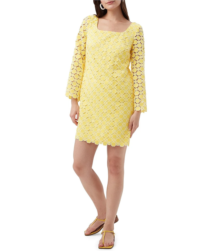Trina Turk Ariella Geometric Lace Square Neck Long Bell Sleeve Dress