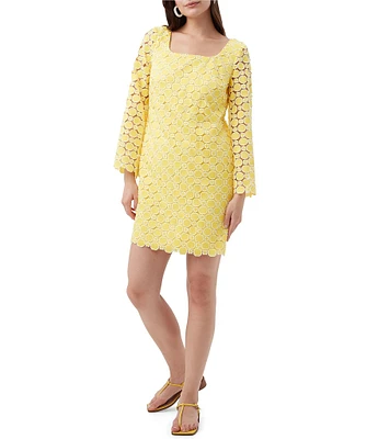 Trina Turk Ariella Geometric Lace Square Neck Long Bell Sleeve Dress