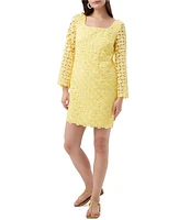 Trina Turk Ariella Geometric Lace Square Neck Long Bell Sleeve Dress