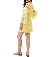 Trina Turk Ariella Geometric Lace Square Neck Long Bell Sleeve Dress