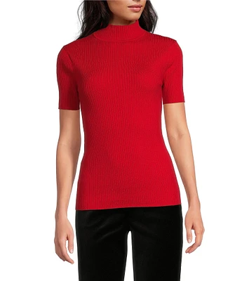 Trina Turk Armeni Ribbed Knit Mock Neck Short Sleeve Sweater