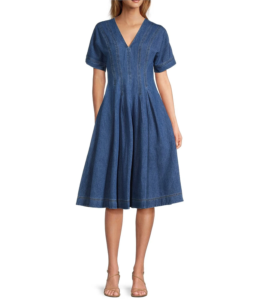 Trina Turk Ashe Denim V-Neck Short Sleeve A-line Dress