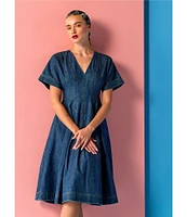 Trina Turk Ashe Denim V-Neck Short Sleeve A-line Dress