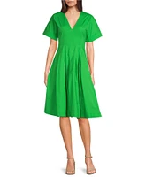 Trina Turk Ashe Poplin V-Neck Short Sleeve Fit-And-Flare Midi Dress