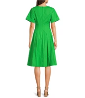 Trina Turk Ashe Poplin V-Neck Short Sleeve Fit-And-Flare Midi Dress