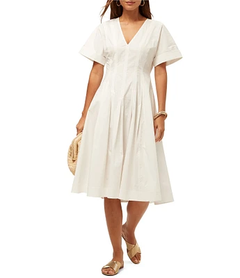 Trina Turk Ashe Poplin V-Neck Short Sleeve Fit-And-Flare Midi Dress