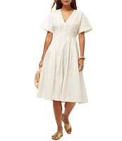 Trina Turk Ashe Poplin V-Neck Short Sleeve Fit-And-Flare Midi Dress
