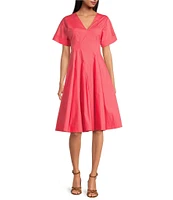 Trina Turk Ashe Poplin V-Neck Short Sleeve Fit-And-Flare Midi Dress