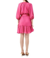 Trina Turk Asuma Crinkle Georgette V-Neck 3/4 Sleeve Tie Waist Dress