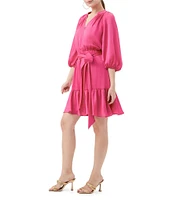 Trina Turk Asuma Crinkle Georgette V-Neck 3/4 Sleeve Tie Waist Dress