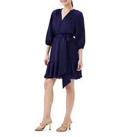 Trina Turk Asuma Crinkle Georgette V-Neck 3/4 Sleeve Tie Waist Dress