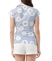 Trina Turk Avant Stripe Floral Print Collar V-Neck Cap Sleeve Wrap Top