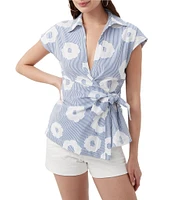 Trina Turk Avant Stripe Floral Print Collar V-Neck Cap Sleeve Wrap Top