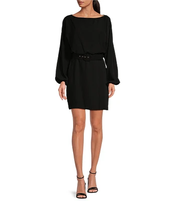 Trina Turk Avory Double Georgette Bateau Neck Blouson Sleeves Belted Sheath Dress