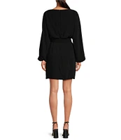 Trina Turk Avory Double Georgette Bateau Neck Blouson Sleeves Belted Sheath Dress