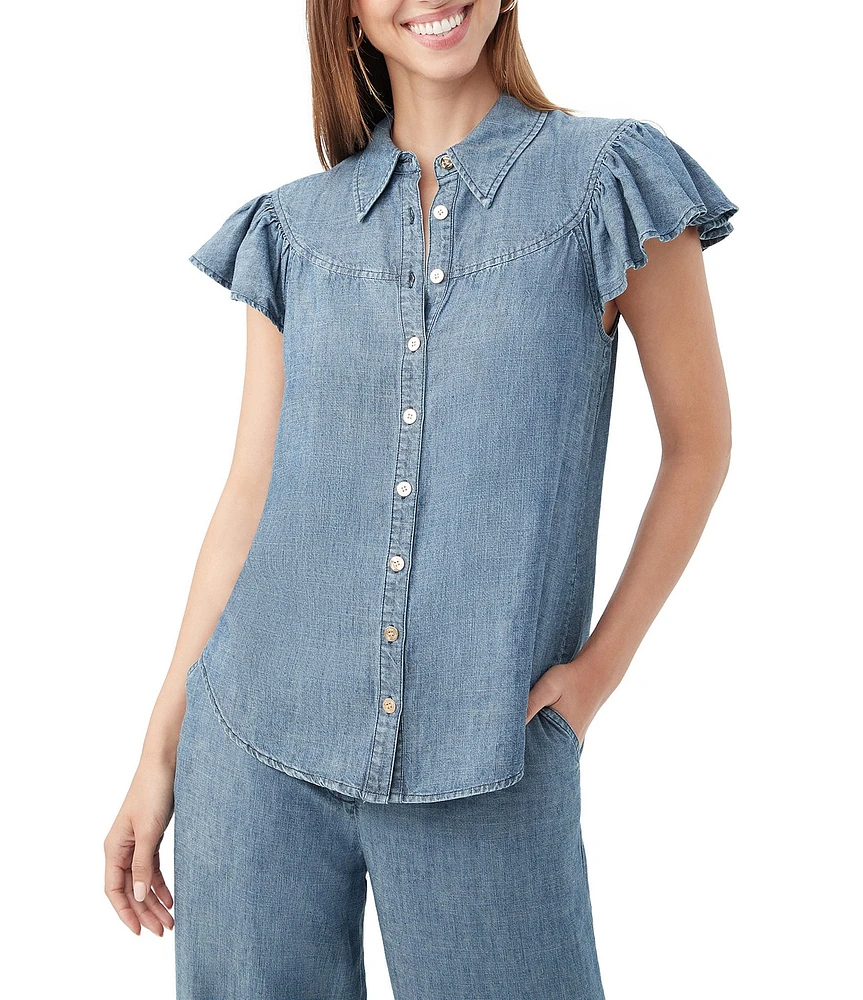 Trina Turk Bali Hai Chambray Point Collar Short Flutter Sleeve Button Front Top