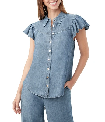 Trina Turk Bali Hai Chambray Point Collar Short Flutter Sleeve Button Front Top