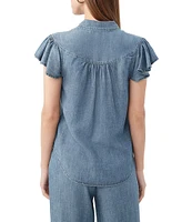 Trina Turk Bali Hai Chambray Point Collar Short Flutter Sleeve Button Front Top