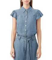 Trina Turk Bali Hai Chambray Point Collar Short Flutter Sleeve Button Front Top