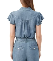 Trina Turk Bali Hai Chambray Point Collar Short Flutter Sleeve Button Front Top