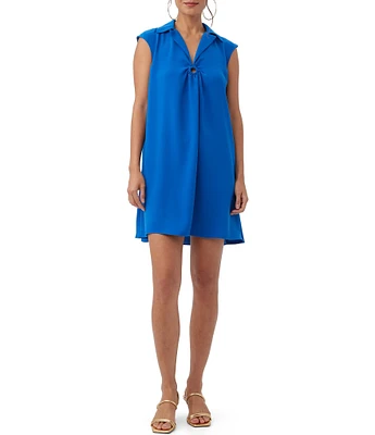 Trina Turk Bird Silky Satin Back Crepe V-Neck Point Collar Cap Sleeve Ring Detail Shift Dress