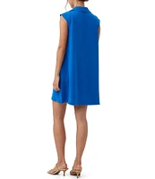 Trina Turk Bird Silky Satin Back Crepe V-Neck Point Collar Cap Sleeve Ring Detail Shift Dress