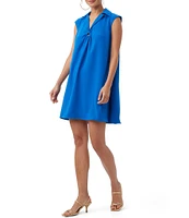 Trina Turk Bird Silky Satin Back Crepe V-Neck Point Collar Cap Sleeve Ring Detail Shift Dress