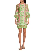 Trina Turk Botanical Placement Print Split V-Neck 3/4 Sleeve Zip Front Dress