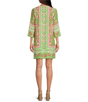 Trina Turk Botanical Placement Print Split V-Neck 3/4 Sleeve Zip Front Dress