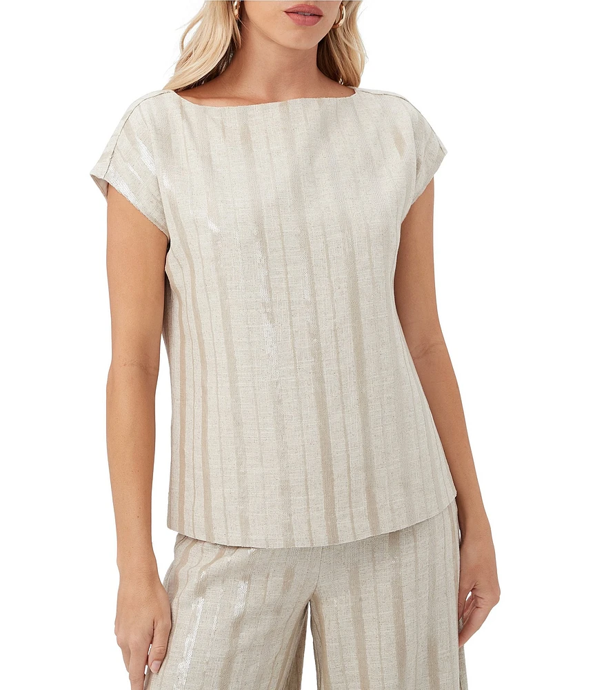Trina Turk Breene Saint Maxime Linen Blend Sequin Stripe Boat Neck Cap Sleeve Top
