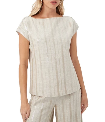 Trina Turk Breene Saint Maxime Linen Blend Sequin Stripe Boat Neck Cap Sleeve Top